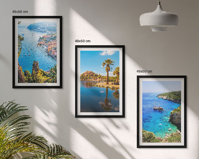 Set de 3 cuadros para salón Palmeras junto al mar y aguas azules