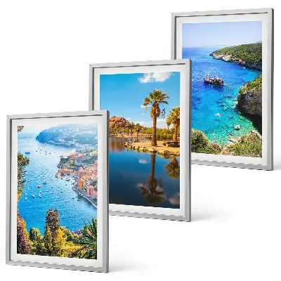 Set de 3 cuadros para salón con palmeras junto al mar y aguas azules