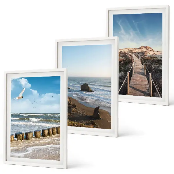 Juego de 3 cuadros con diseño de olas, playa, cielo y muelle
