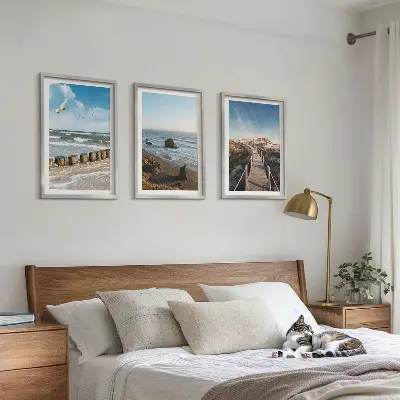 Juego de 3 cuadros con diseño de olas, playa, cielo y muelle