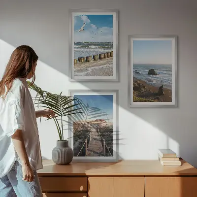 Juego de 3 cuadros con diseño de olas, playa, cielo y muelle