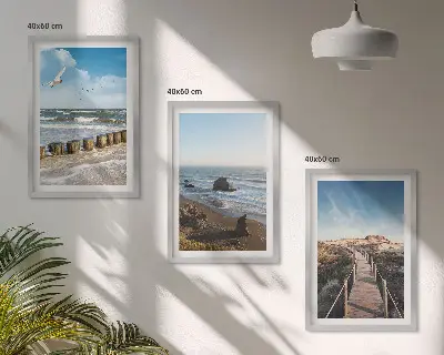 Juego de 3 cuadros con diseño de olas, playa, cielo y muelle
