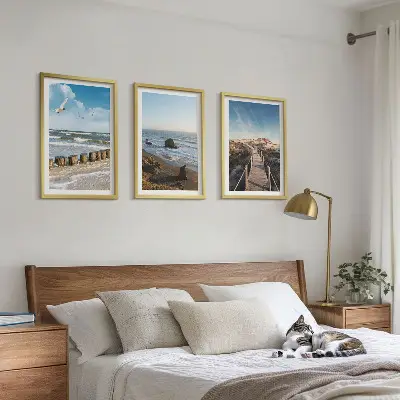 Juego de 3 cuadros con diseño de olas, playa, cielo y muelle