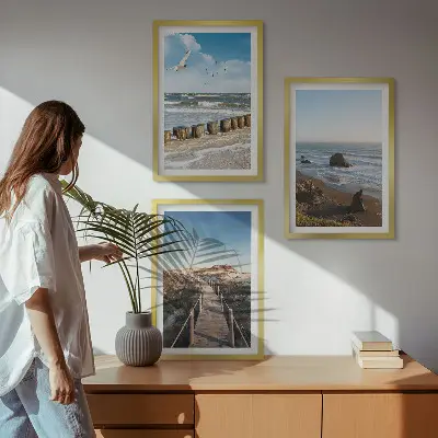 Juego de 3 cuadros con diseño de olas, playa, cielo y muelle