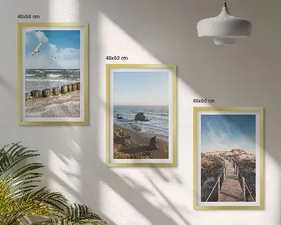 Juego de 3 cuadros con diseño de olas, playa, cielo y muelle