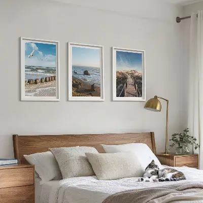 Juego de 3 cuadros con diseño de olas, playa, cielo y muelle