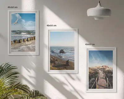 Juego de 3 cuadros con diseño de olas, playa, cielo y muelle