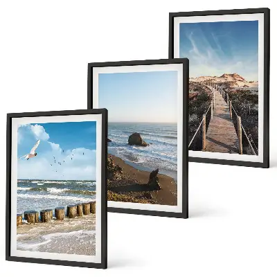 Juego de 3 cuadros con diseño de olas, playa, cielo y muelle