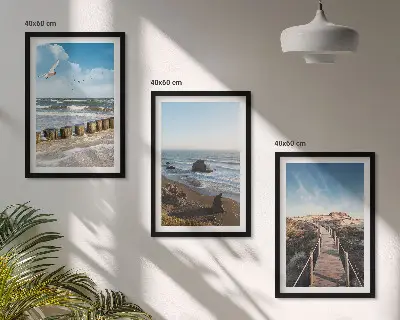 Juego de 3 cuadros con diseño de olas, playa, cielo y muelle