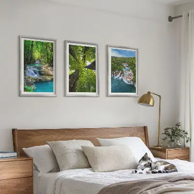 Set de 3 cuadros para salón con diseño de cascadas de agua en bosque verde
