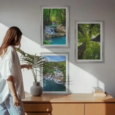 Set de 3 cuadros para salón con diseño de cascadas de agua en bosque verde