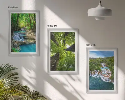 Set de 3 cuadros para salón con diseño de cascadas de agua en bosque verde