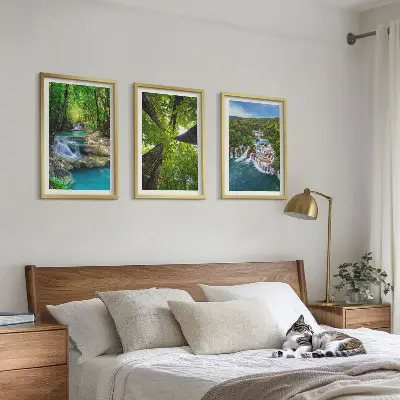 Set de 3 cuadros para salón con diseño de cascadas de agua en bosque verde