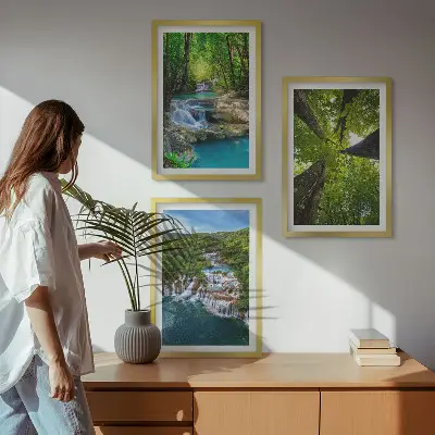 Set de 3 cuadros para salón con diseño de cascadas de agua en bosque verde