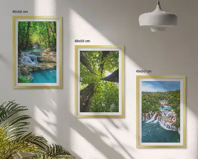 Set de 3 cuadros para salón con diseño de cascadas de agua en bosque verde