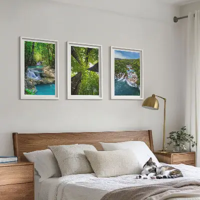 Set de 3 cuadros para salón con diseño de cascadas de agua en bosque verde