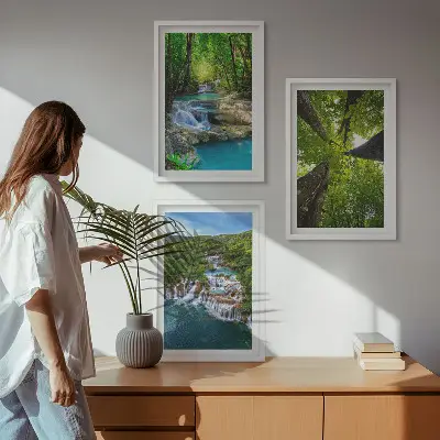 Set de 3 cuadros para salón con diseño de cascadas de agua en bosque verde