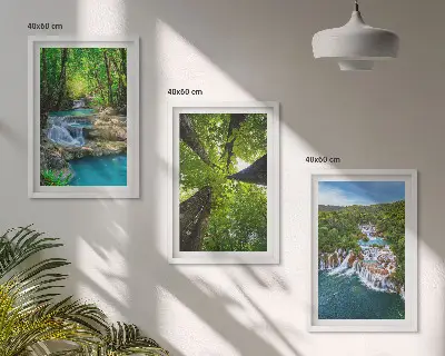 Set de 3 cuadros para salón con diseño de cascadas de agua en bosque verde