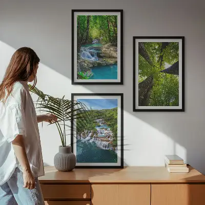 Set de 3 cuadros para salón con diseño de cascadas de agua en bosque verde