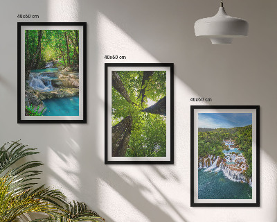 Set de 3 cuadros para salón Cascadas de agua de bosque verde