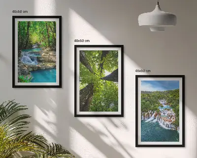 Set de 3 cuadros para salón con diseño de cascadas de agua en bosque verde