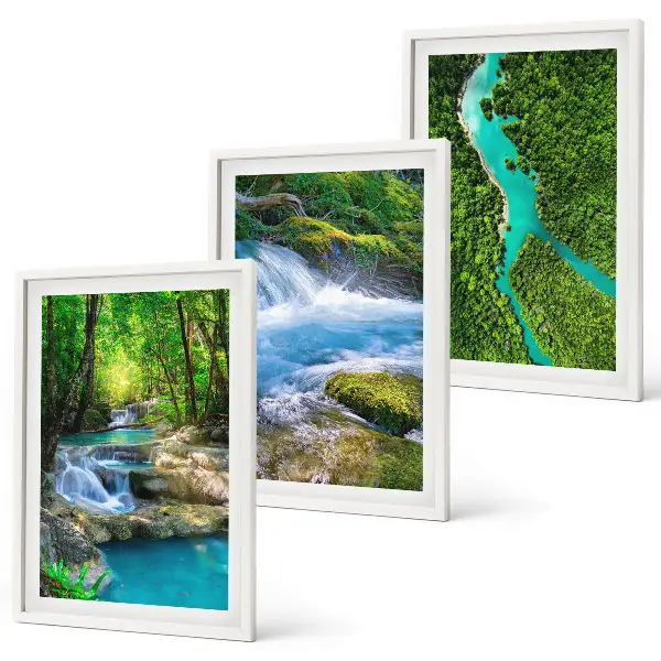 Set de 3 cuadros decorativos para salón con diseño de bosques verdes y aguas cristalinas