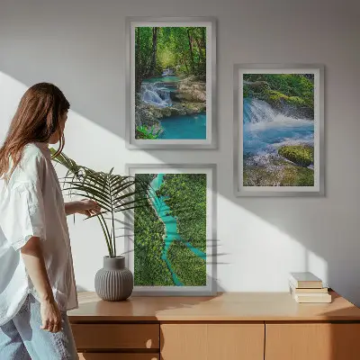 Set de 3 cuadros decorativos para salón con diseño de bosques verdes y aguas cristalinas