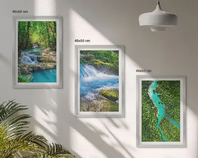 Set de 3 cuadros decorativos para salón con diseño de bosques verdes y aguas cristalinas
