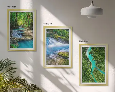 Set de 3 cuadros decorativos para salón con diseño de bosques verdes y aguas cristalinas