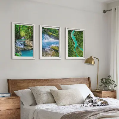 Set de 3 cuadros decorativos para salón con diseño de bosques verdes y aguas cristalinas