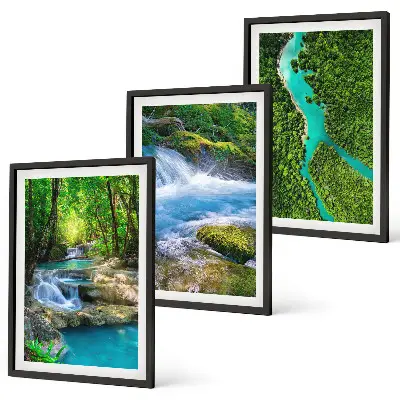 Set de 3 cuadros decorativos para salón con diseño de bosques verdes y aguas cristalinas