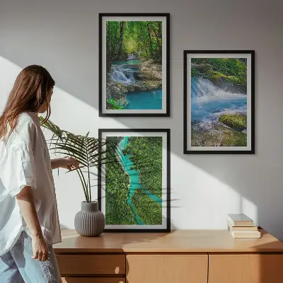 Set de 3 cuadros decorativos para salón con diseño de bosques verdes y aguas cristalinas