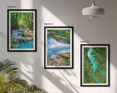 Set de 3 cuadros decorativos para salón con diseño de bosques verdes y aguas cristalinas
