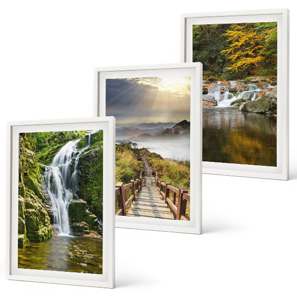 Set de 3 cuadros para salón cascadas montañas nubes otoño