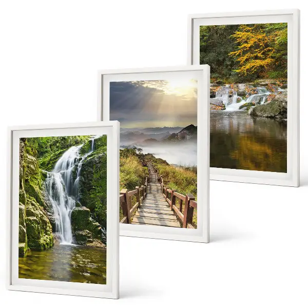 Set de 3 cuadros para salón con diseño de cascadas montañas y nubes en otoño