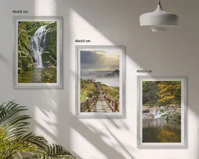 Set de 3 cuadros para salón con diseño de cascadas montañas y nubes en otoño