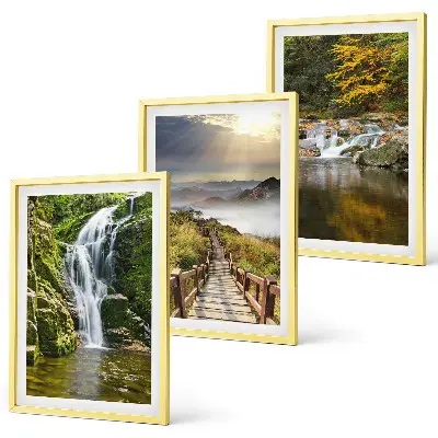 Set de 3 cuadros para salón con diseño de cascadas montañas y nubes en otoño
