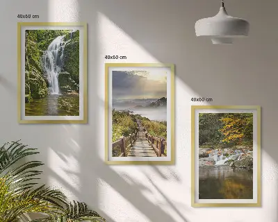 Set de 3 cuadros para salón con diseño de cascadas montañas y nubes en otoño