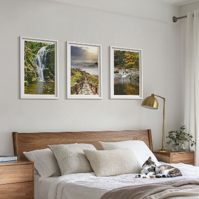 Set de 3 cuadros para salón cascadas montañas nubes otoño