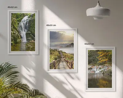 Set de 3 cuadros para salón con diseño de cascadas montañas y nubes en otoño
