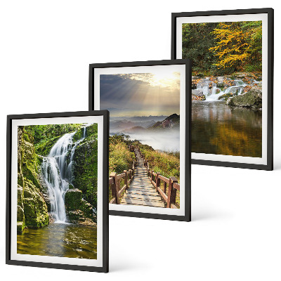 Set de 3 cuadros para salón cascadas montañas nubes otoño