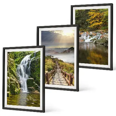 Set de 3 cuadros para salón con diseño de cascadas montañas y nubes en otoño