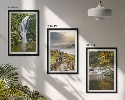 Set de 3 cuadros para salón con diseño de cascadas montañas y nubes en otoño