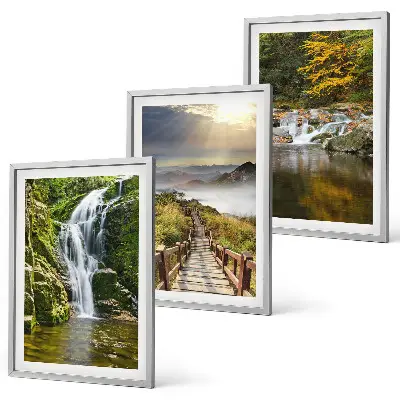 Set de 3 cuadros para salón con diseño de cascadas montañas y nubes en otoño