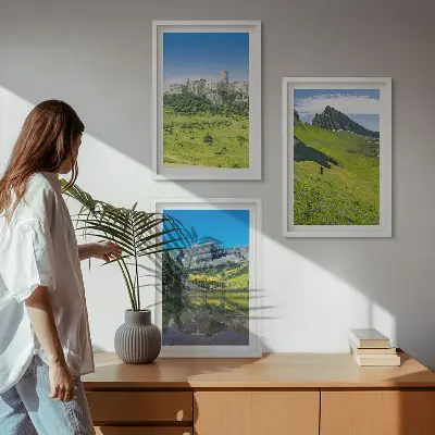 Juego de 3 cuadros diseño de colinas verdes con castillo
