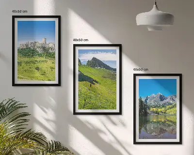 Juego de 3 cuadros diseño de colinas verdes con castillo