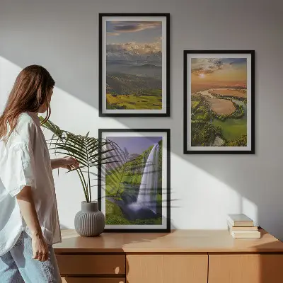 Set de 3 cuadros para salón con diseño de ríos de montaña y cascadas en la naturaleza