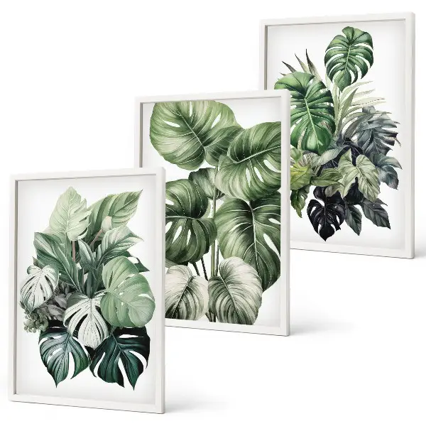 Juego de 3 cuadros con acuarela de hojas tropicales verdes