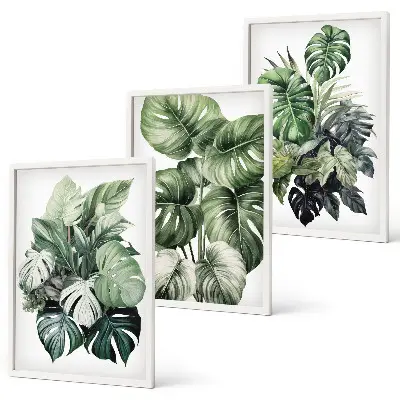 Juego de 3 cuadros con acuarela de hojas tropicales verdes