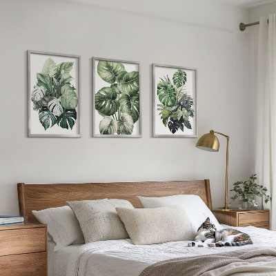 Juego de 3 cuadros Acuarela de hojas tropicales verdes